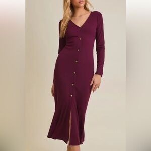 Plum Ribbed Button Front Long Sleeve V-Neck Midi Dress with Flare Hem